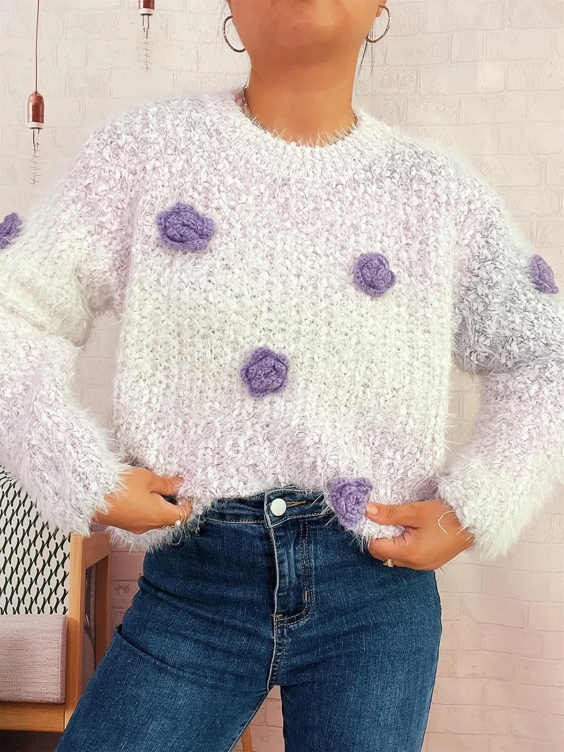Женский свитер с 3D-цветами омбре, с длинным рукавом, Ombre 3D Floral Sweater — фото 2