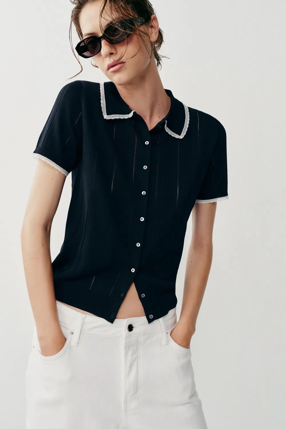 Поло-кардиган с короткими рукавами и кружевной отделкой ZARA, Navy Blue — фото 2