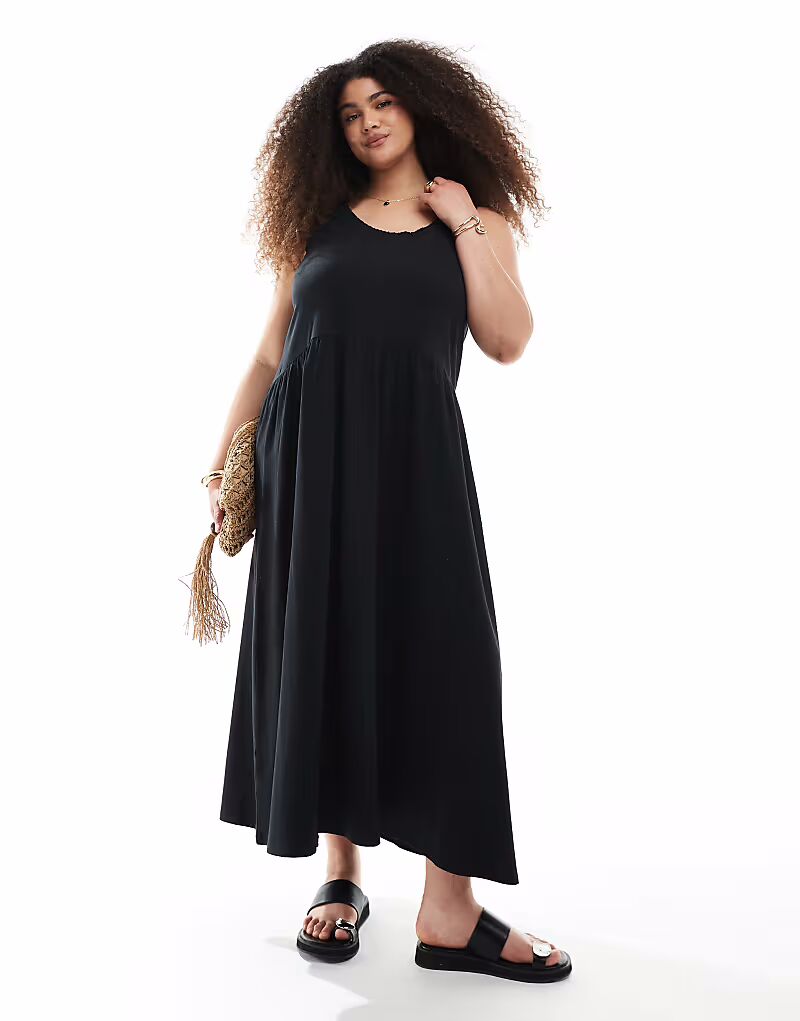 

Платье-халат миди с глубоким вырезом и складками ASOS DESIGN черного цвета ASOS Curve