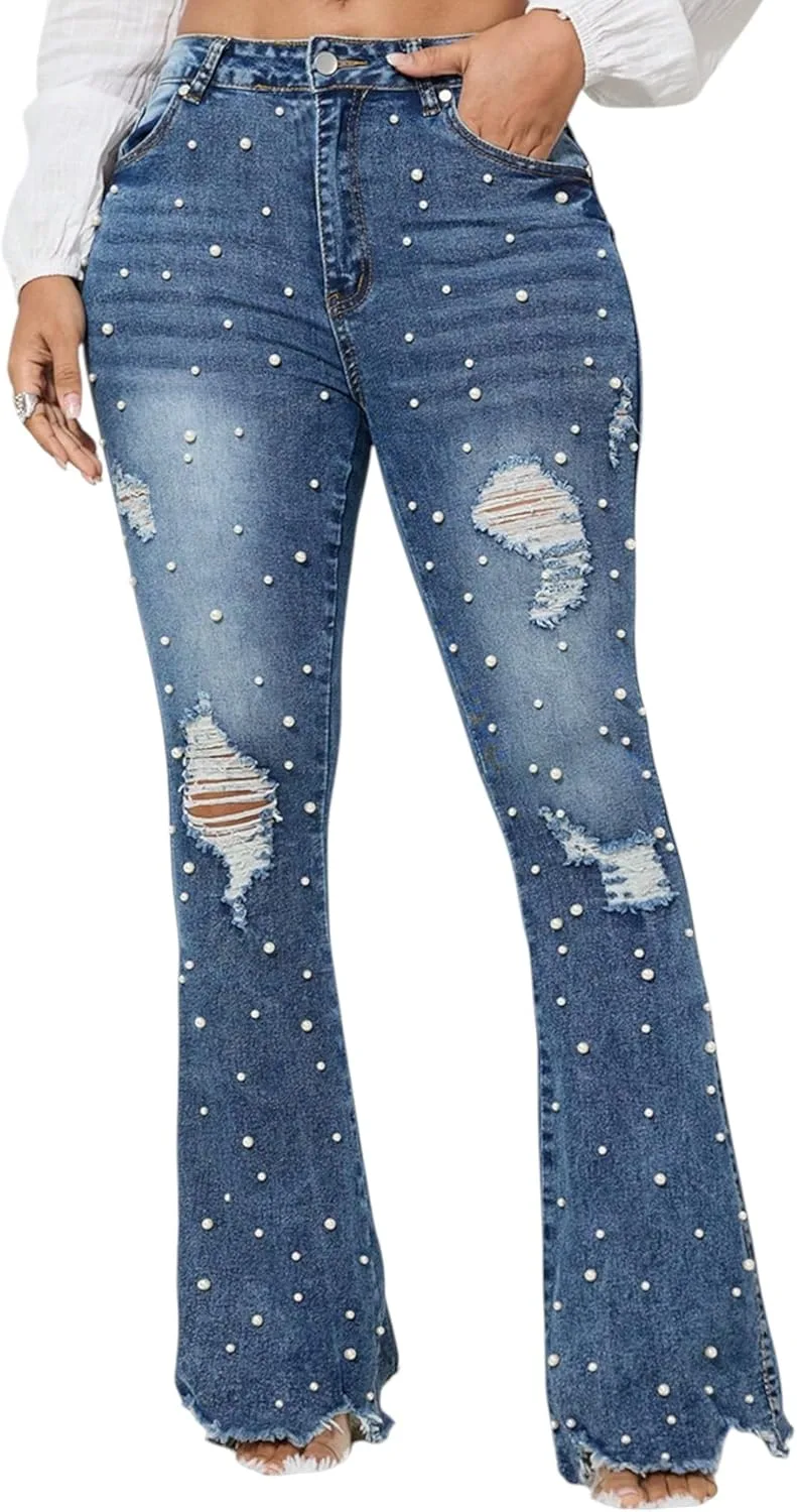 

Женские джинсы Flare с пайетками и стразами, утягивающие CFNZER