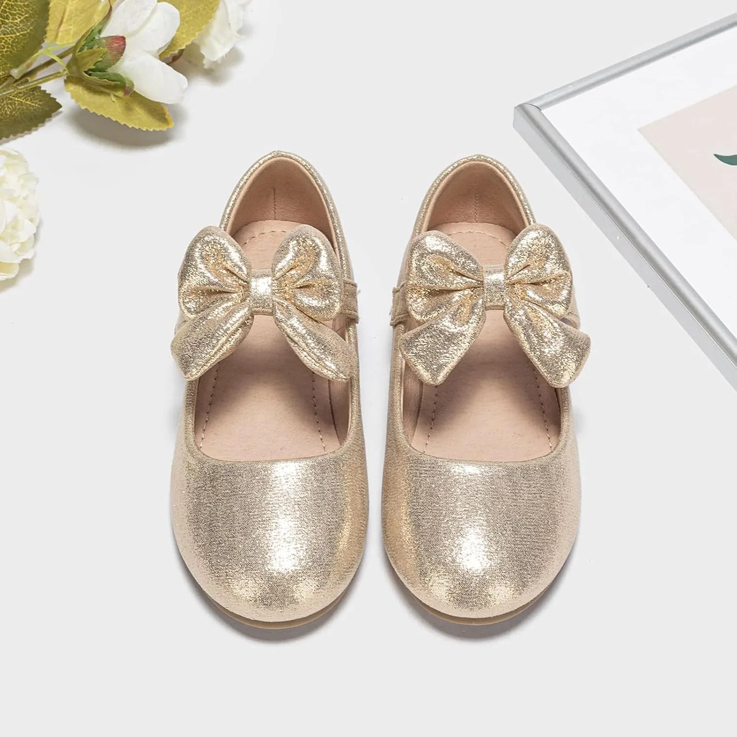 Детские балетки для девочек с бантом Mary Jane Shoes Ballet Bow, Gold — фото 2