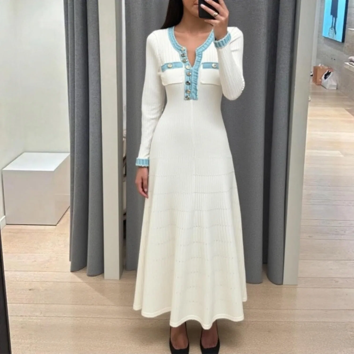 Женское трикотажное платье миди с круглым вырезом, White — фото 2