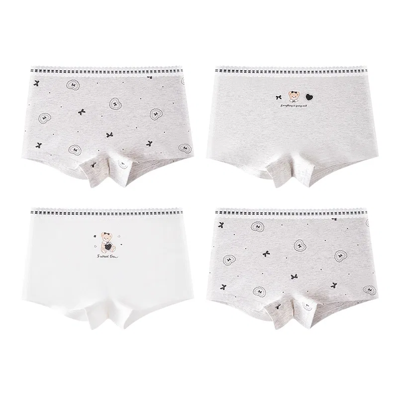 Детский комплект трусов для девочек с принтом 4 шт Red bean, Цвет: Light Grey Large Fabric Heart-Light Grey Heart Bear-White Flower Bear-Light Grey Large Fabric Heart
