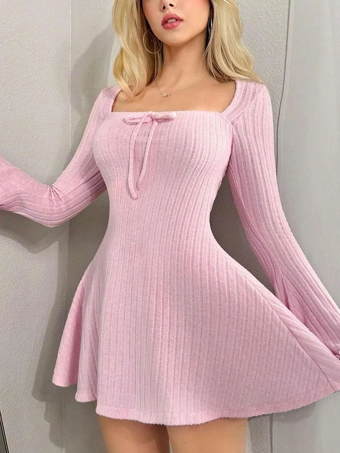 Женское A-силуэта платье с ребристой вязкой, Pink — фото 3