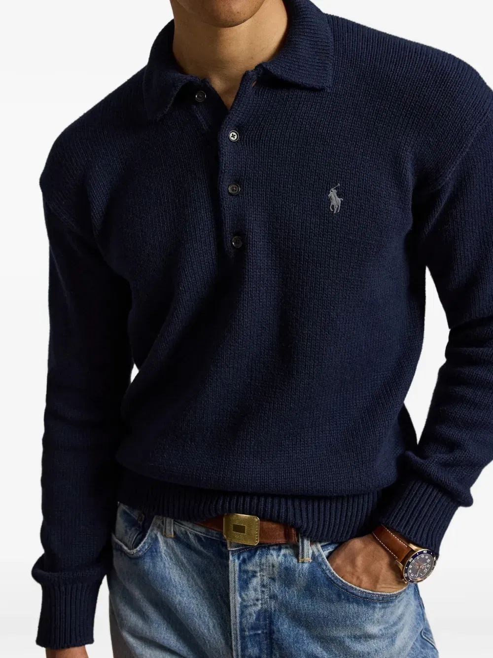 Свитер с планкой на пуговицах и вышитым логотипом Polo Ralph Lauren, синий — фото 4