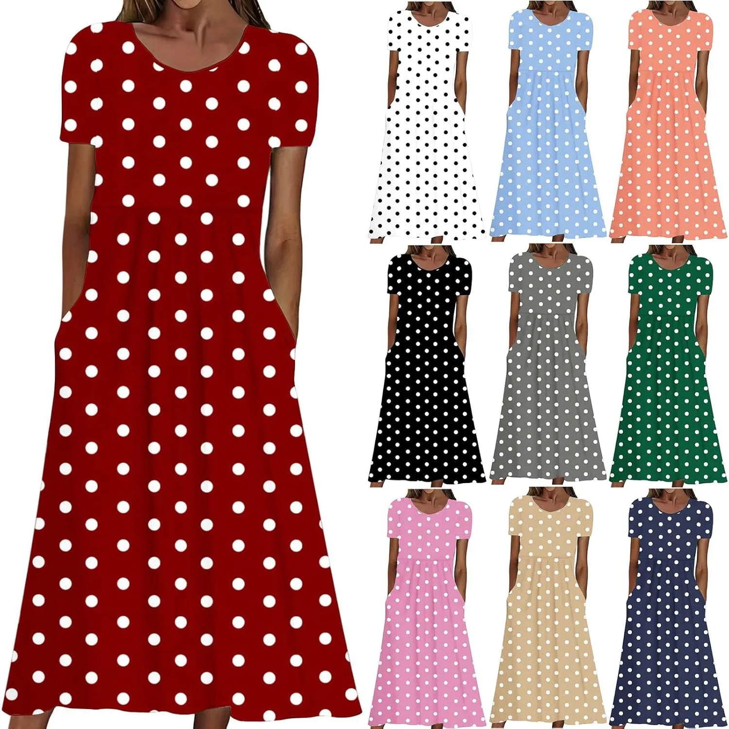 Женское летнее платье миди с горошком A-line, Red