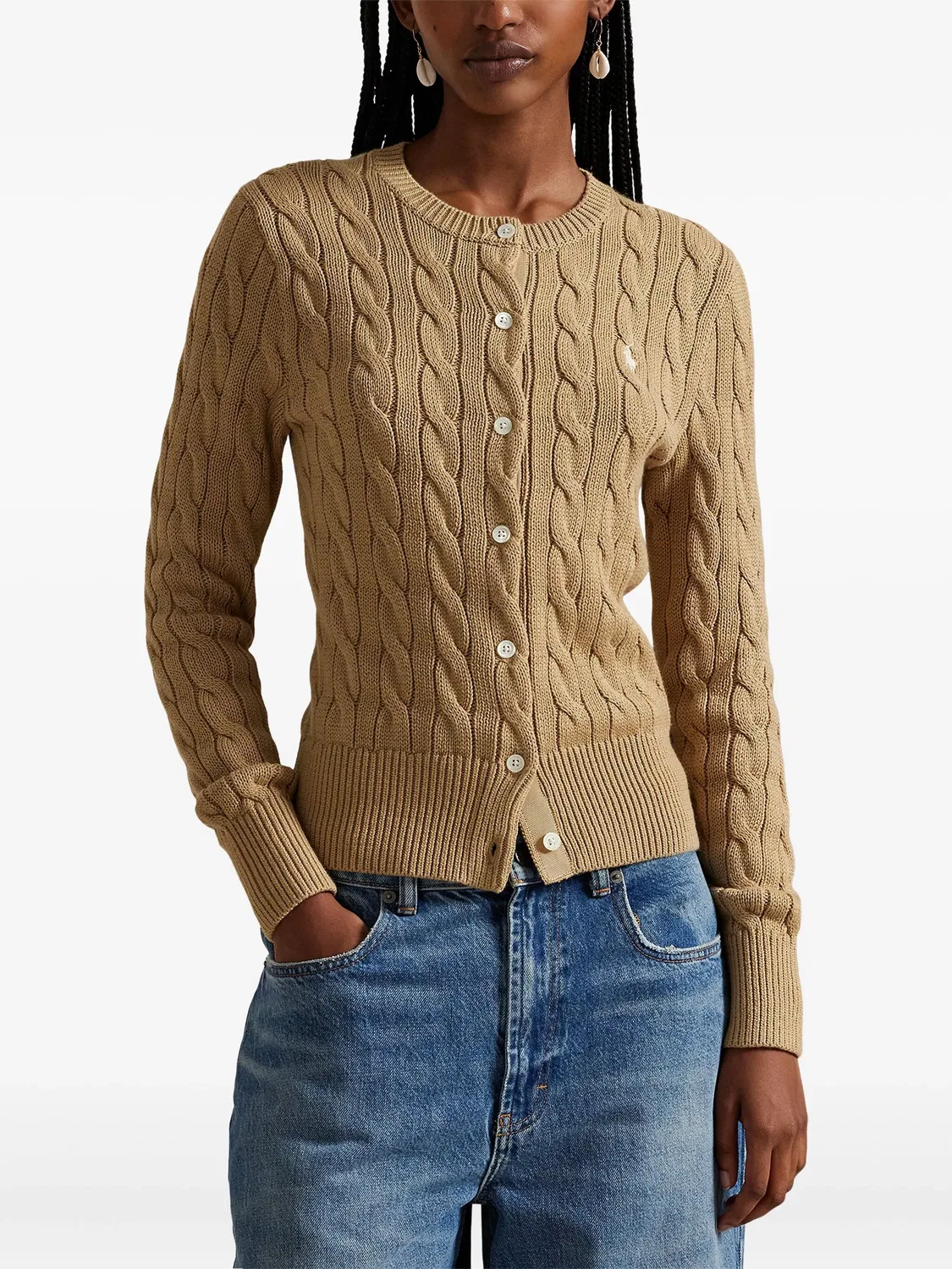 Кардиган с косичками с длинным рукавом Polo Ralph Lauren, карамельный коричневый — фото 4