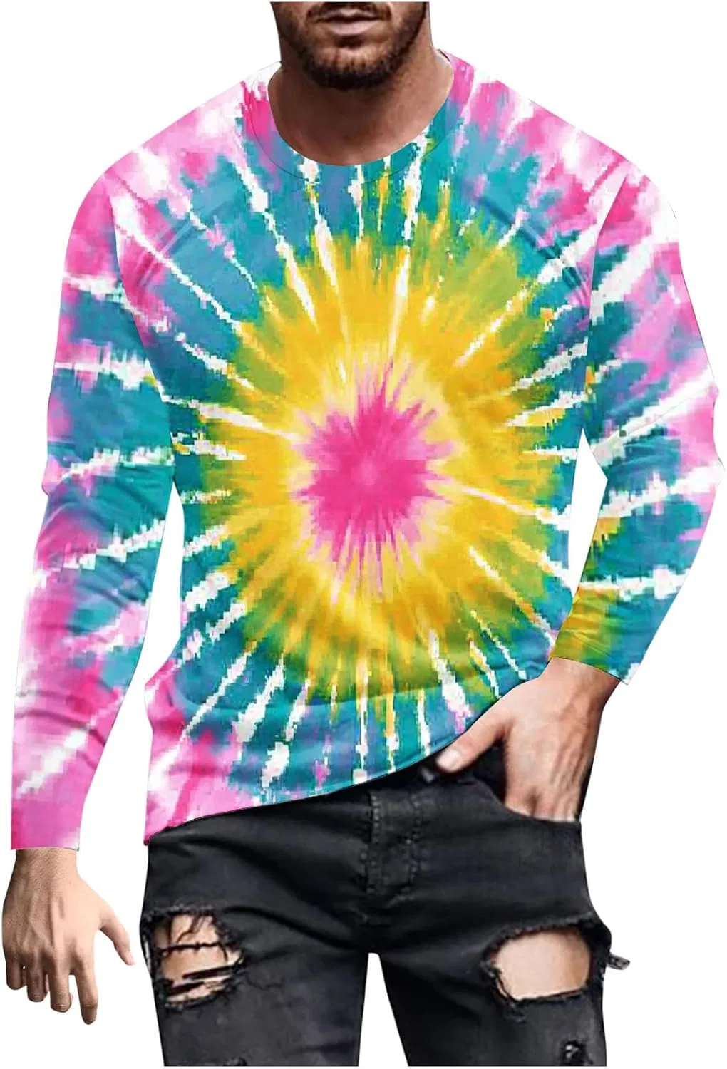 Мужская футболка с принтом тай-дай, Long Sleeve Round Neck, Pink