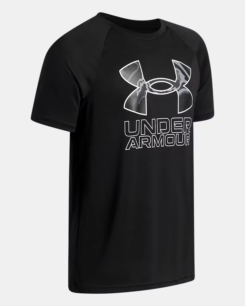 Футболка для мальчиков с коротким рукавом, влагоотводящая UA Tech Hybrid Print UnderArmour, Black/White — фото 3