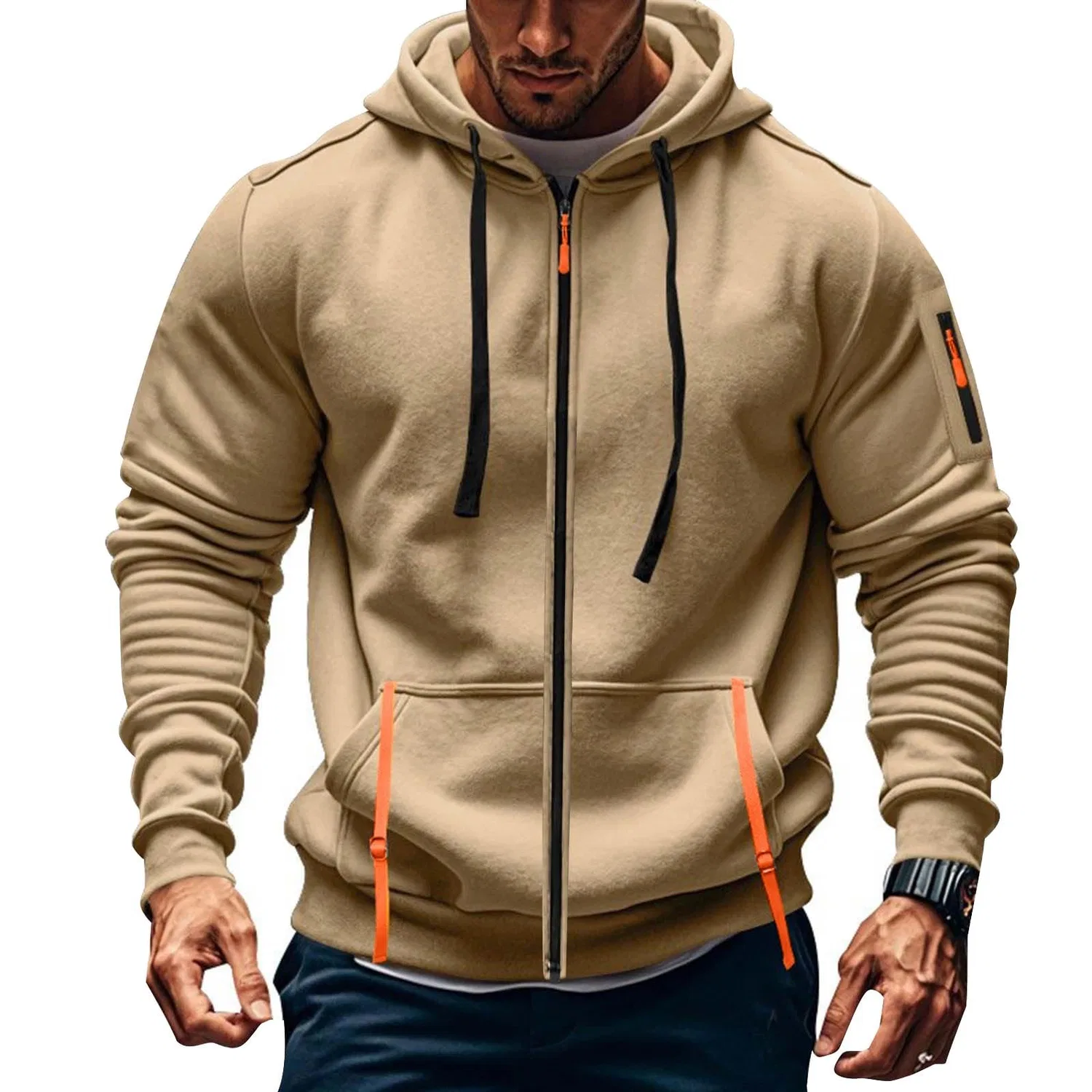 Мужской худи с молнией и длинным рукавом Military, 2-khaki