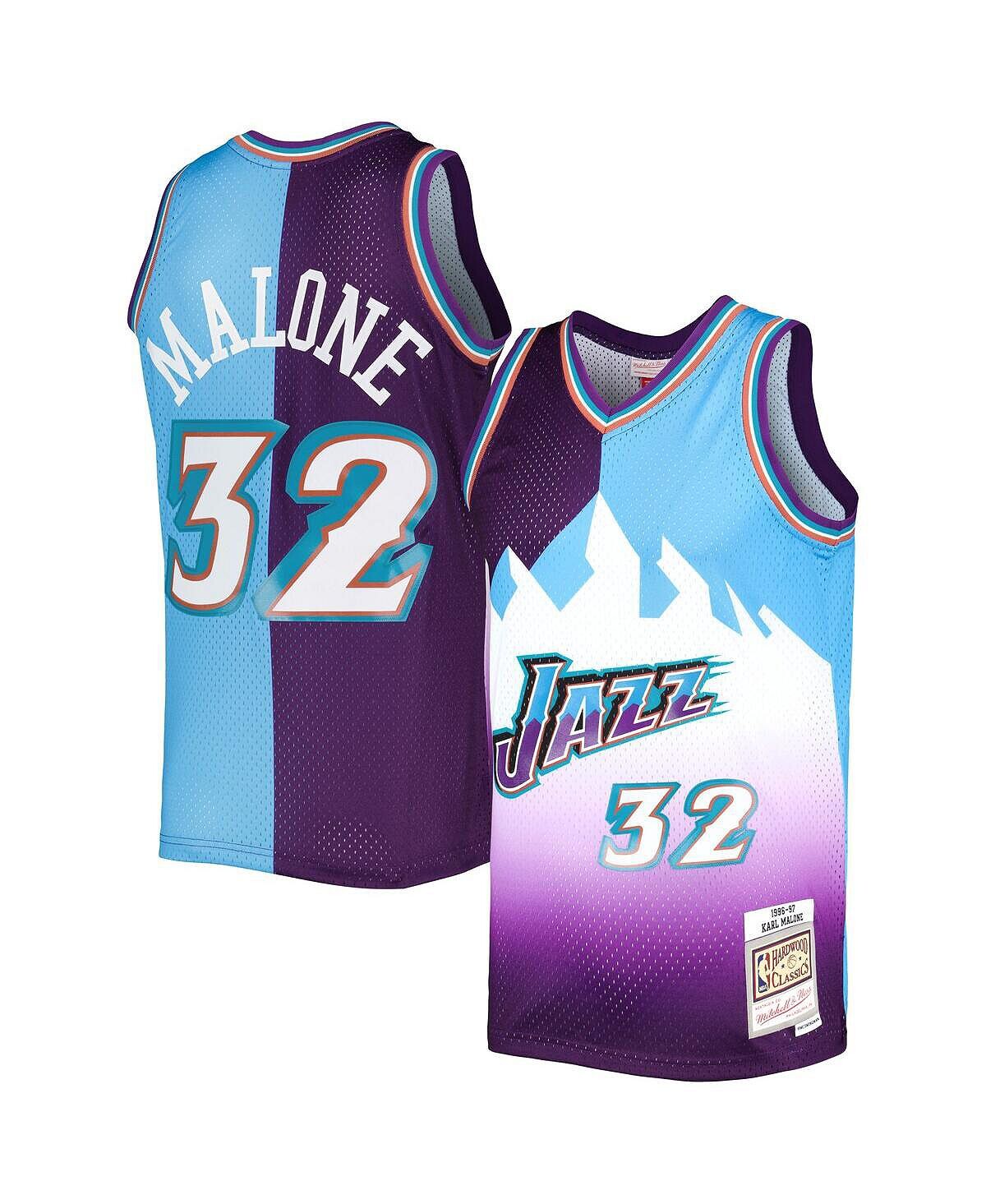 

Мужская футболка karl malone purple, turquoise utah jazz hardwood classics 1996-97 split swingman jersey Mitchell & Ness, мульти