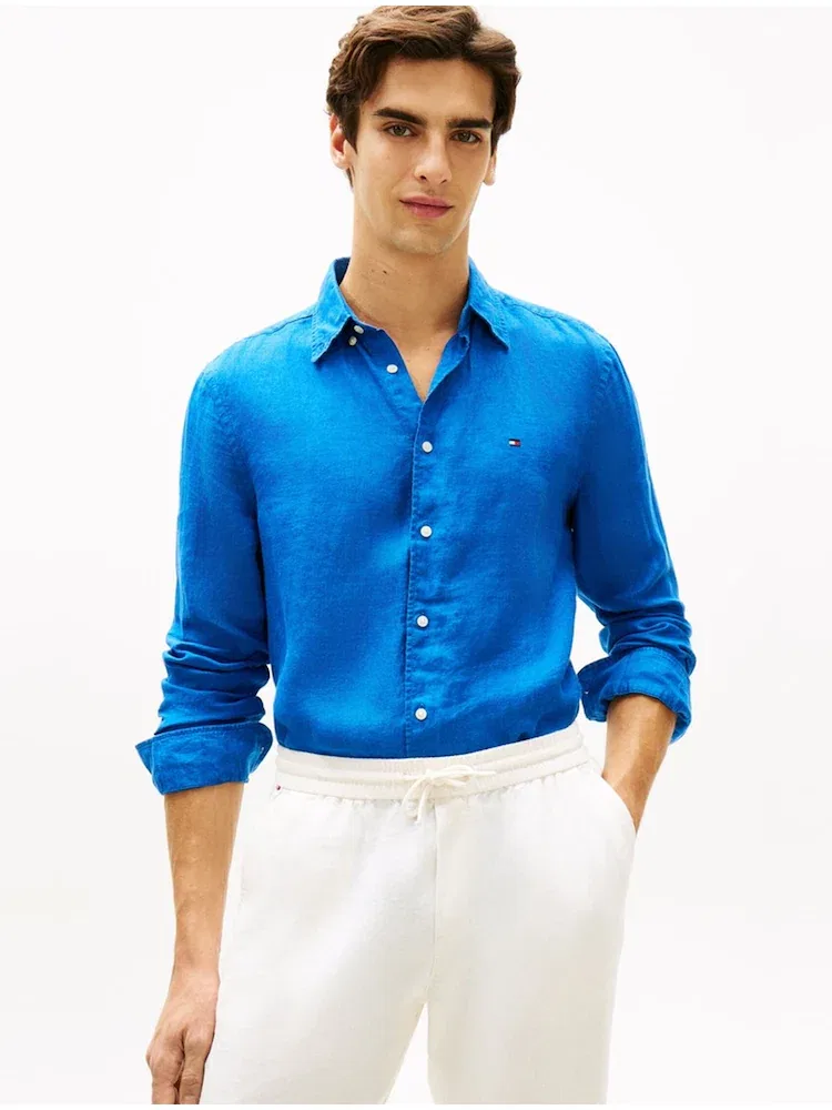 Рубашка Regular Fit из льна, Pigment Solid Shirt TOMMY HILFIGER, Royal Blue
