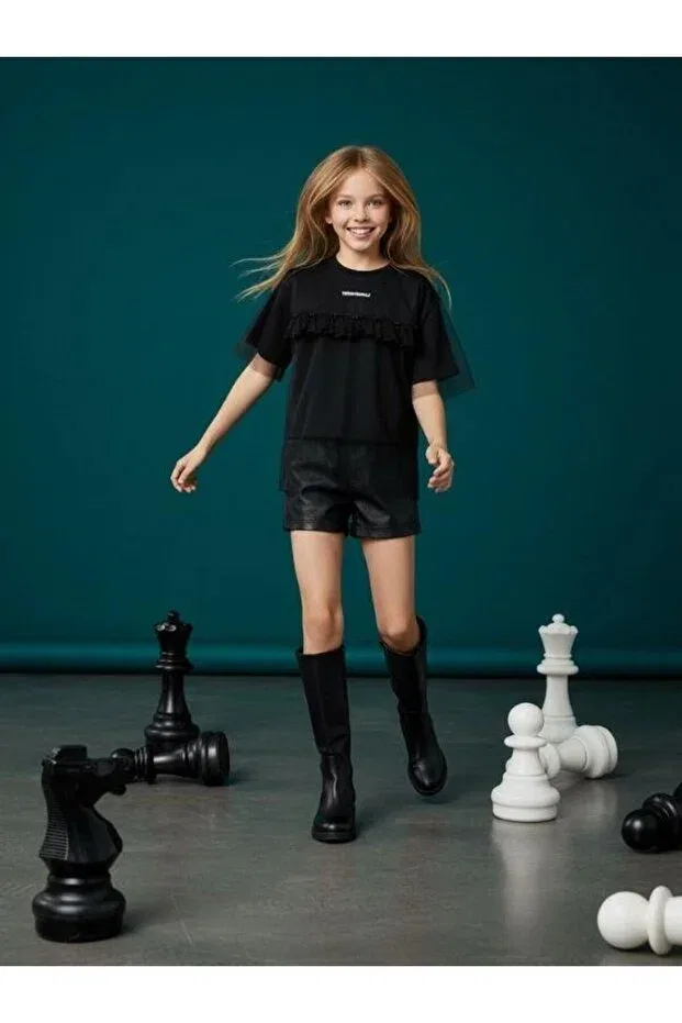 Детская футболка для девочек с воланами Zekids, Black — фото 3