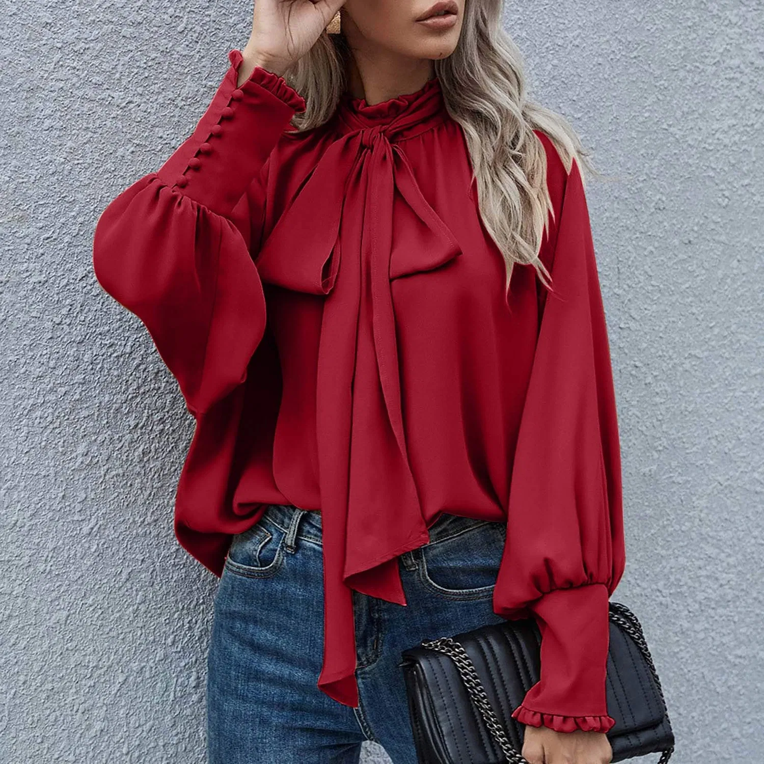 Женская блуза с бантом и рукавами-фонариками Elegant Bow Knot Mock Neck Top Ruffles Sleeve Lantern, Red — фото 2
