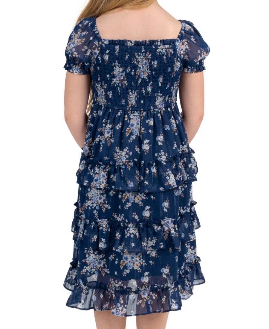 Платье миди с принтом, с пышными рукавами, модель Printed Lurex Chiffon Puff Sleeve Tiered Midi Rare Editions, Navy — фото 3