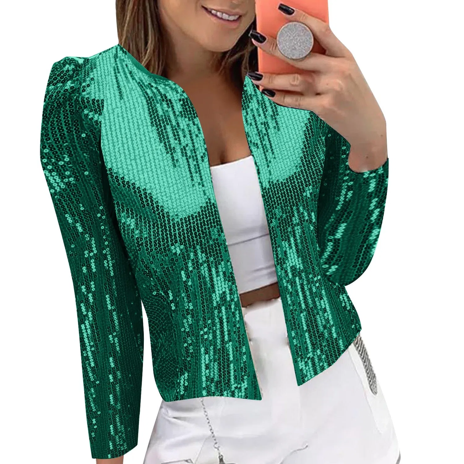Женский блестящий жакет с пайетками Sequin Top Women Sparkly Short Jacket Casual Shiny Blazer Party Coat Solid Color Tops Long Sleeve Open Front Cardigan Glitter Disco Bomber Jacket Y2K Elegant Jacket, Verde