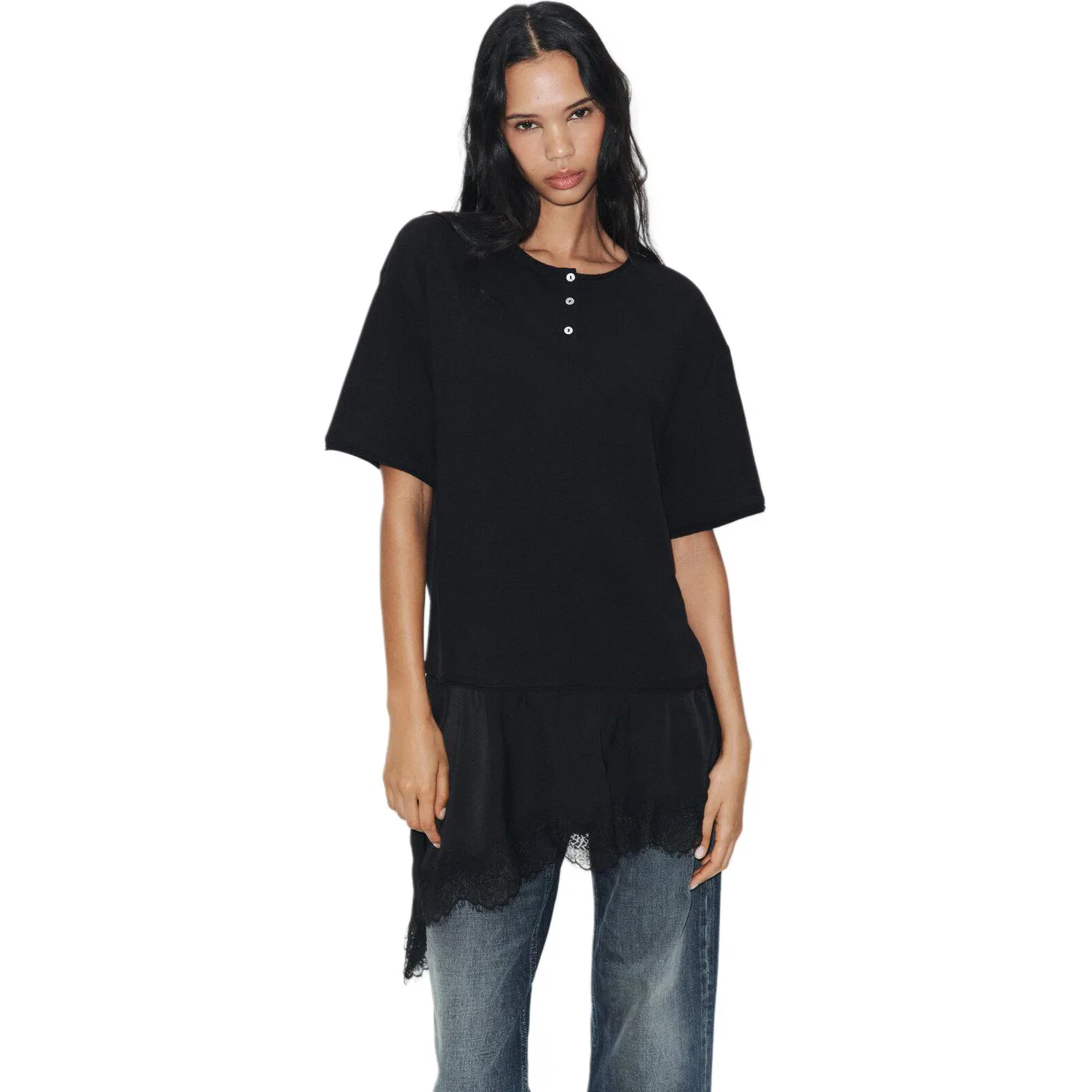 Женская футболка с круглым вырезом прямого кроя Black ZARA — фото 3