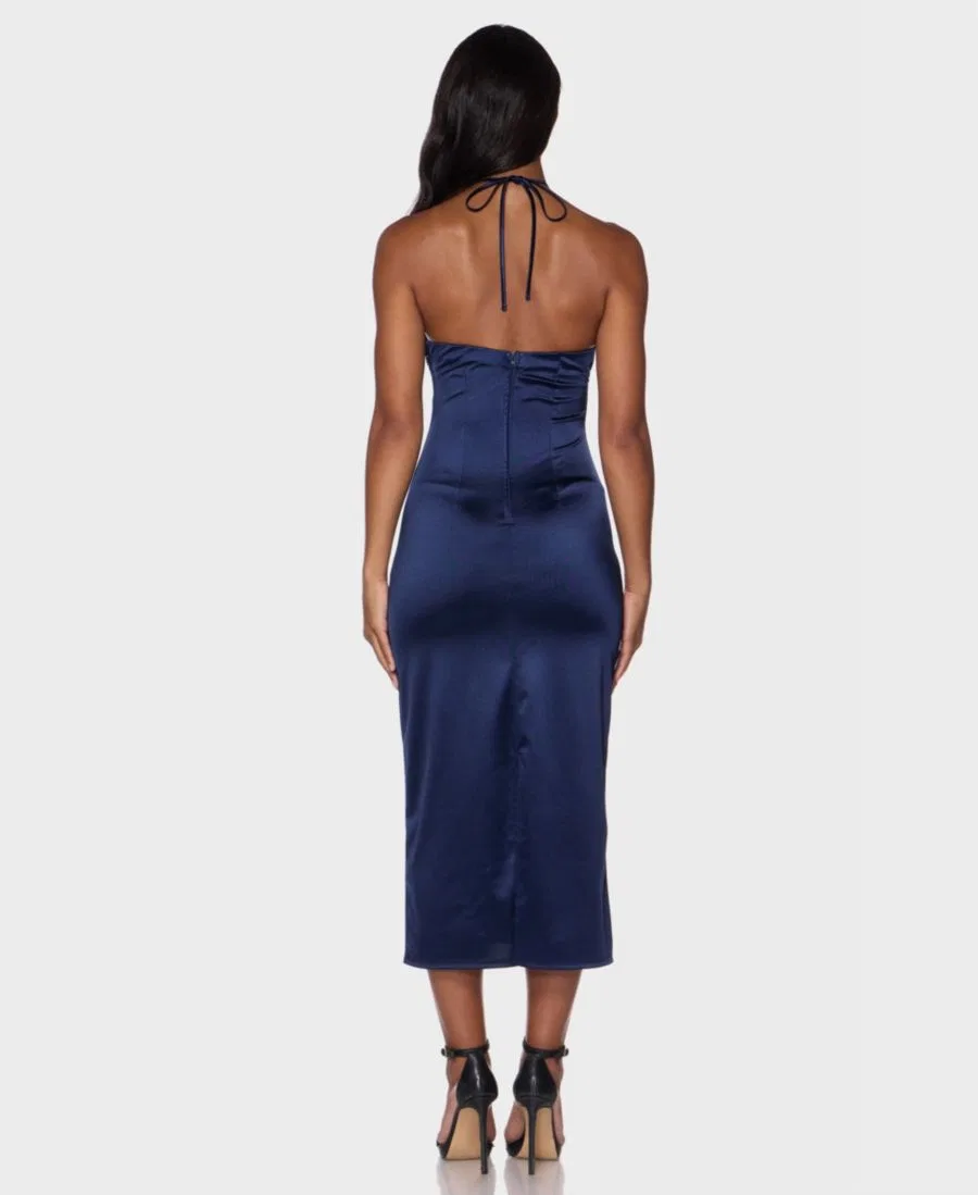 Платье миди с камнями на шее-халтер, модель Stone-Embellished Halter Neck Satin Midi B Darlin, Navy — фото 4