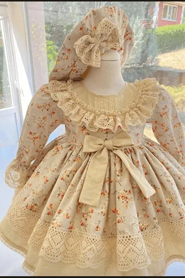 Детское платье для девочек с принтом Children's vintage floral evening dress Hly Karol Tasarım, Nude Color — фото 2