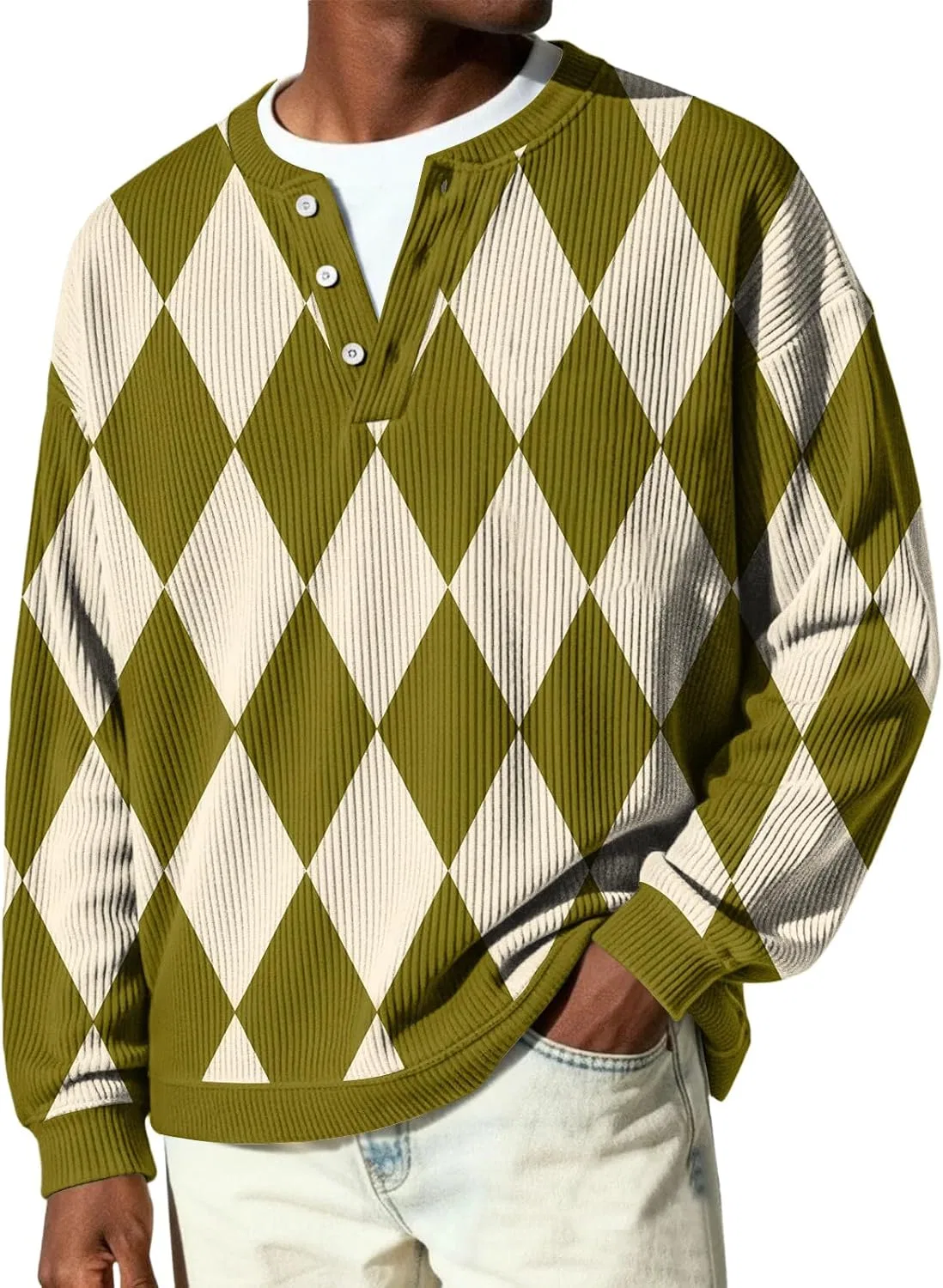Мужская футболка с длинным рукавом, Ribbed Knit Henley, армейский зелёный — фото 2