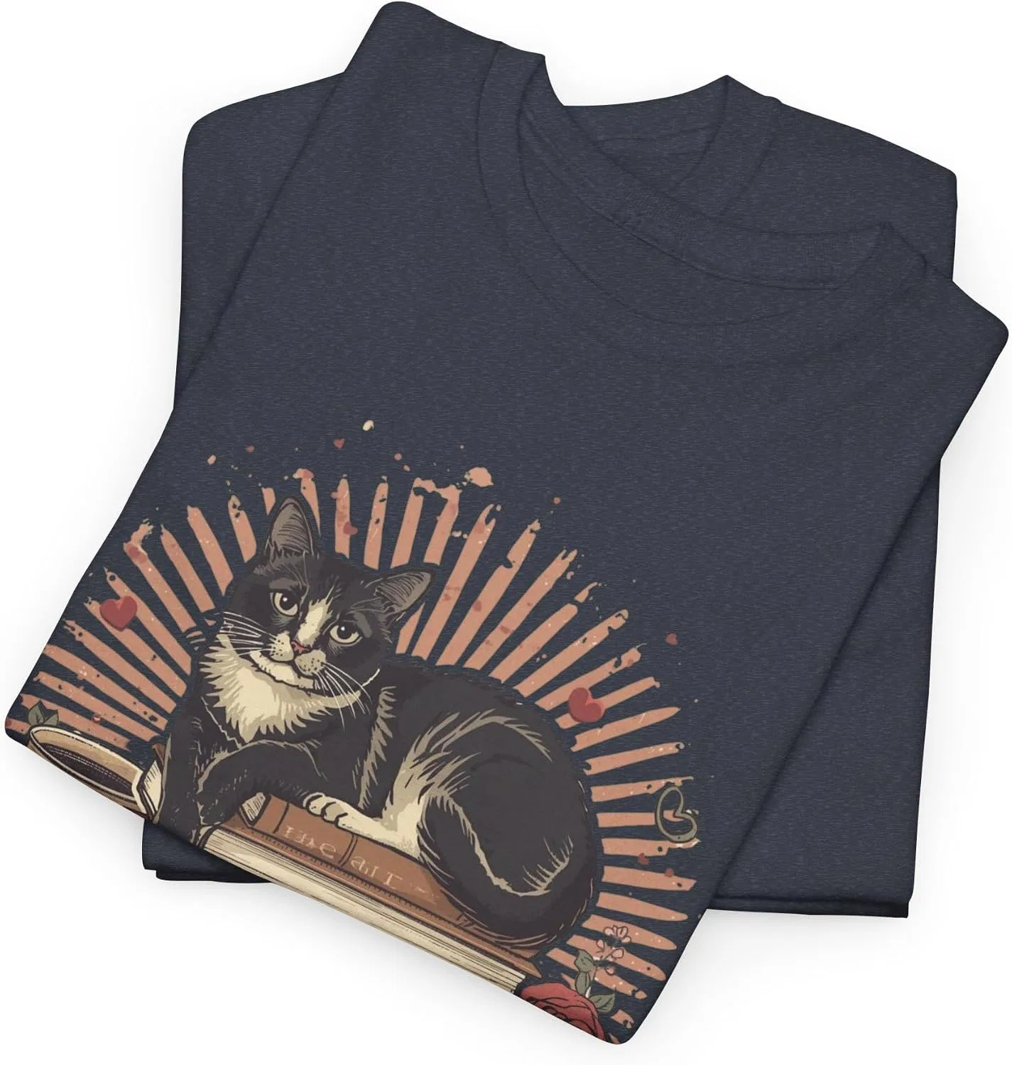 Женская футболка с принтом Purrfectly Booked Cat Stack of Books, тёмно-синий меланж — фото 3
