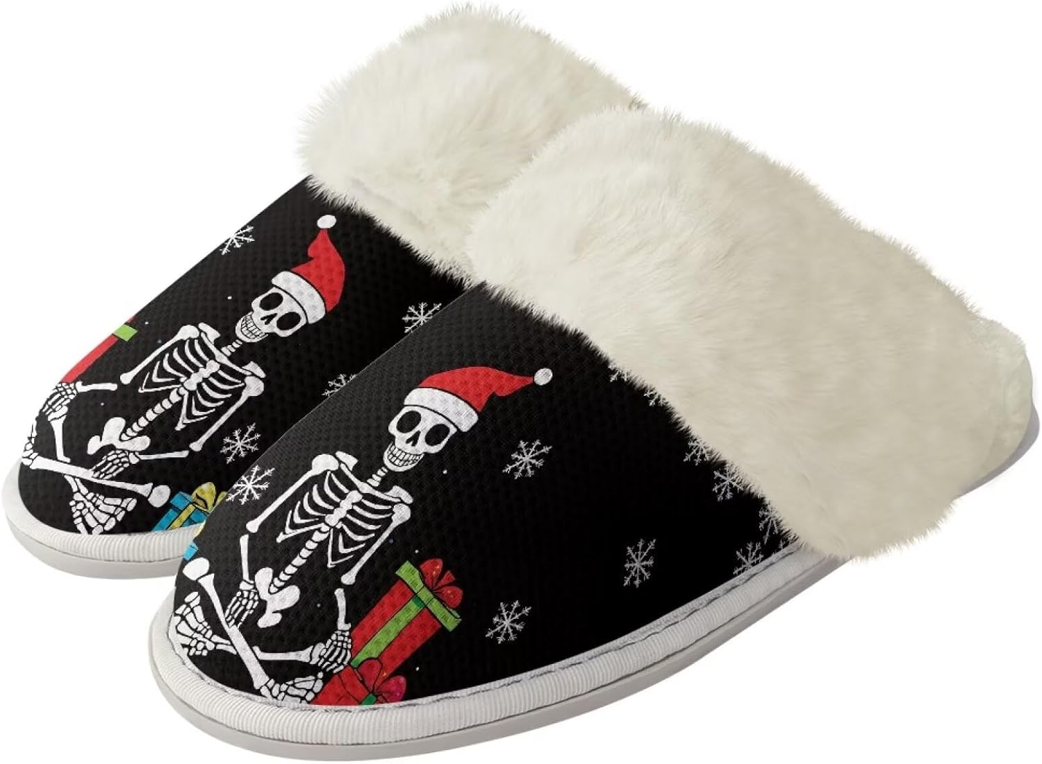

Тапочки Srengjodk для женщин и мужчин, хлопковые фланелевые тапочки с меховой отделкой, домашние тапочки для него и для нее, размер 36-47, Funny Xmas Skeleton Print