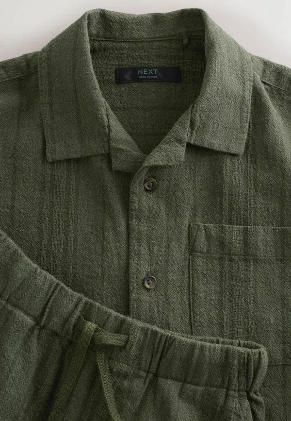 Комплект из рубашки и шорт, хлопок и лен, Regular Fit Texture Set, Next, Khaki Green, зеленый/хаки — фото 4