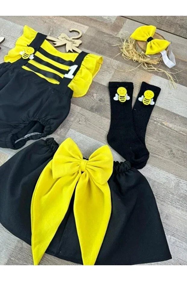 Детское боди-комбинезон для девочек с принтом Handmade bee concept baby girl romper skirt buckle socks set Feriatolye, Black — фото 3