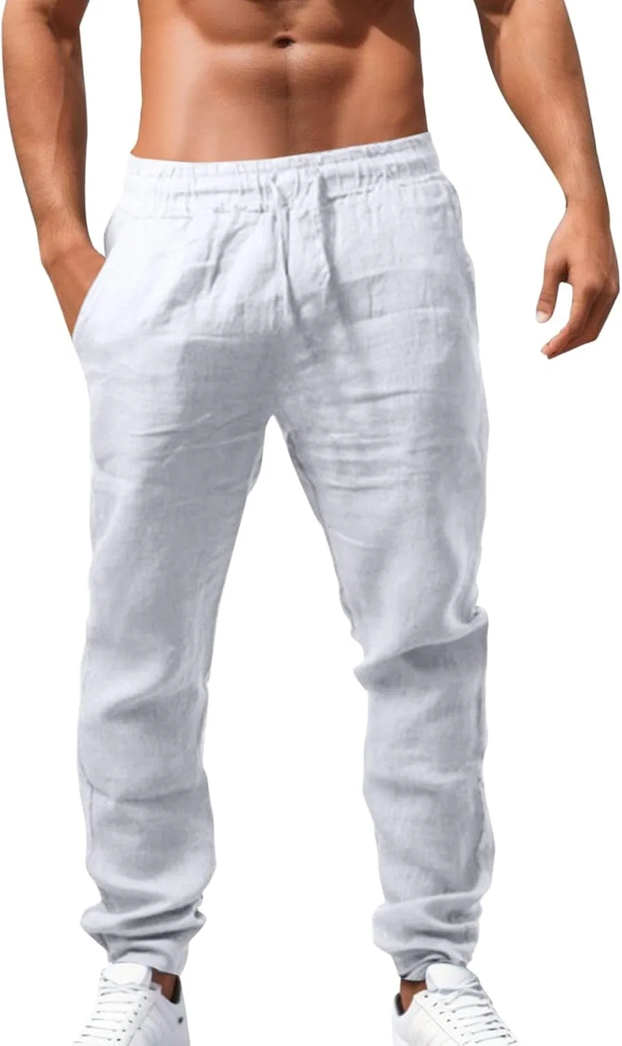 Мужские льняные брюки с регулируемым поясом, модель Joggers, белый