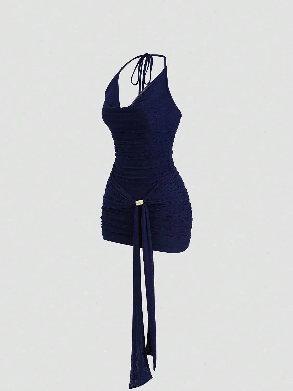 Женское сексуальное мини-платье bodycon без рукавов с металлической пряжкой, Navy Blue — фото 4