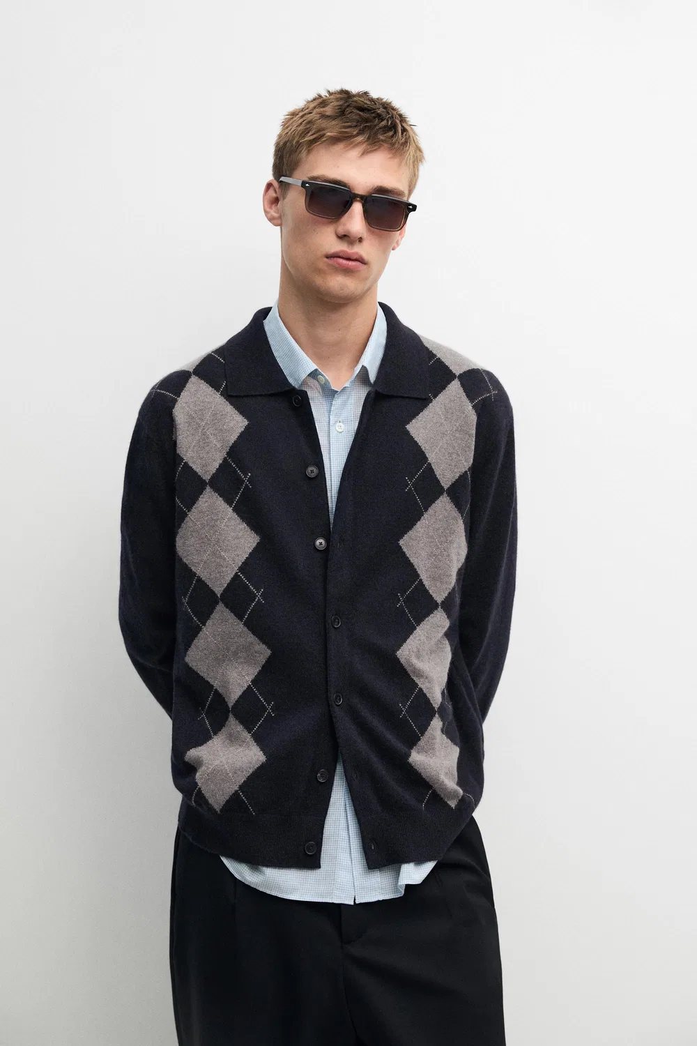 Кардиган Massimo Dutti 100% Cashmere Argyle Knit, темно-синий