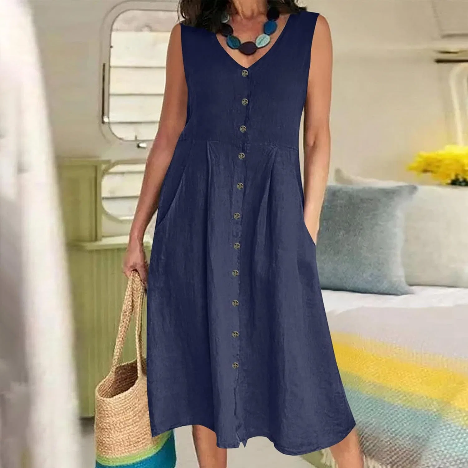 Женское летнее платье-миди с пуговицами Linen Dress, Navy — фото 3