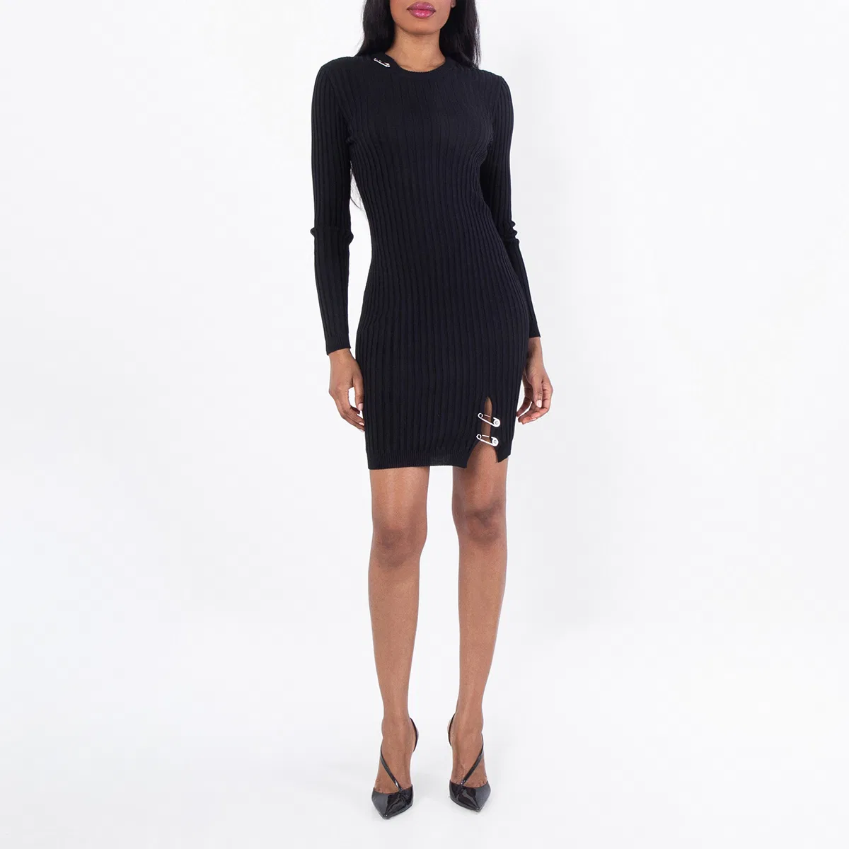 Платье мини Safety Pin Ribbed-Knit Versace, Black — фото 3