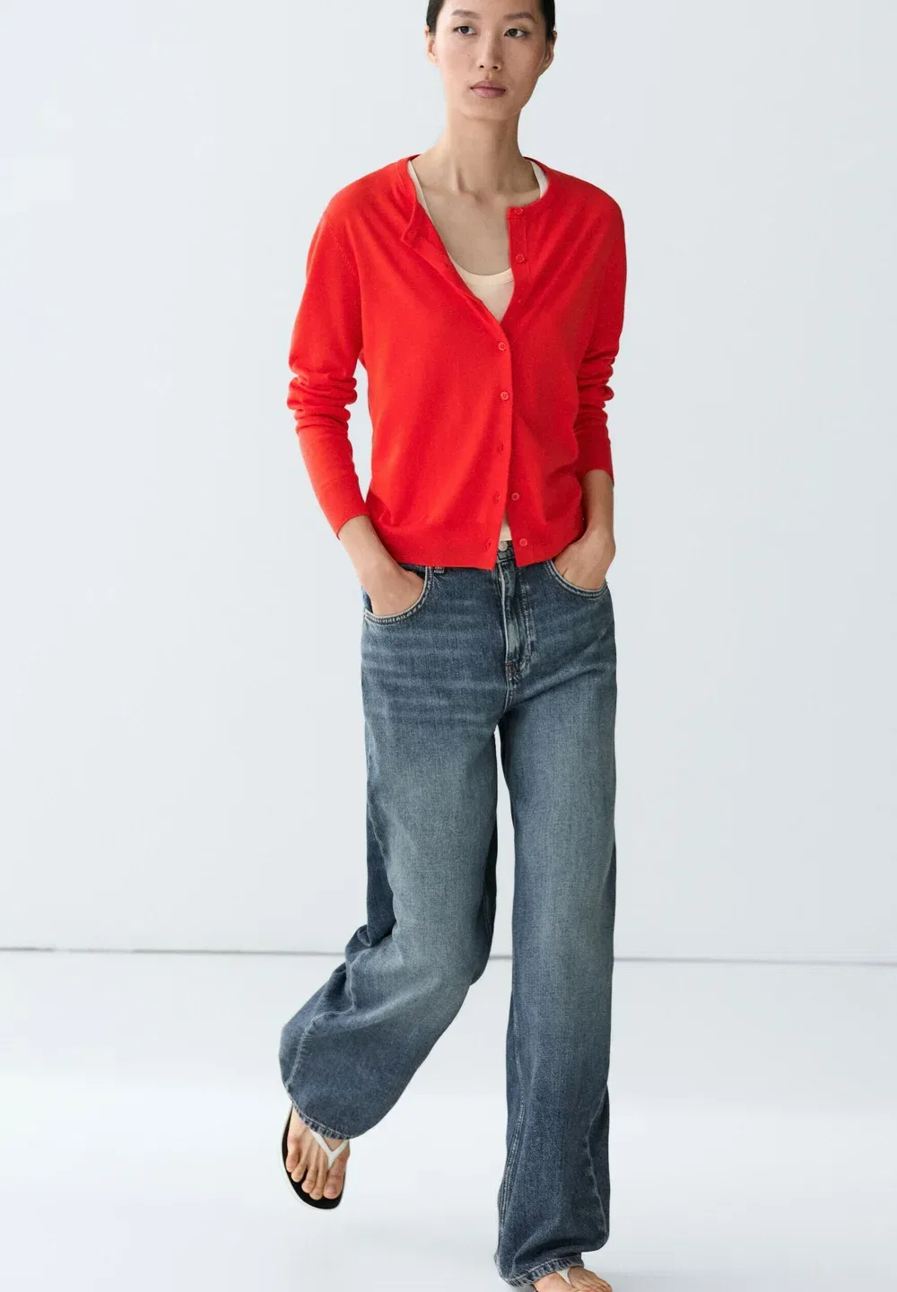 Кардиган с круглым вырезом, тонкой вязки Massimo Dutti, Red — фото 3