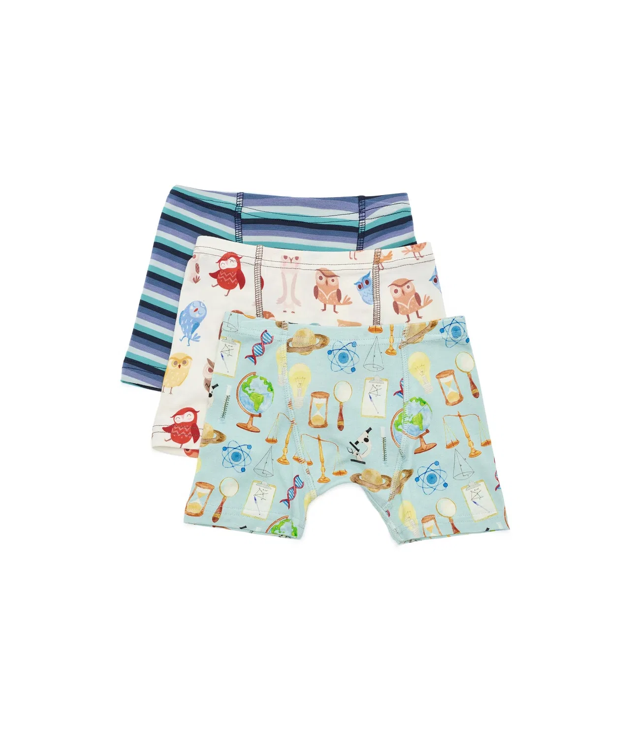 Боксеры-брифы с принтом, набор из 3 (для малышей и маленьких детей) Print Boxer Briefs Set of 3 (Toddler/Little Kid) Kickee Pants Kids, Spring Sky Science, Natural Owls &amp; Moonlight Bay Stripe