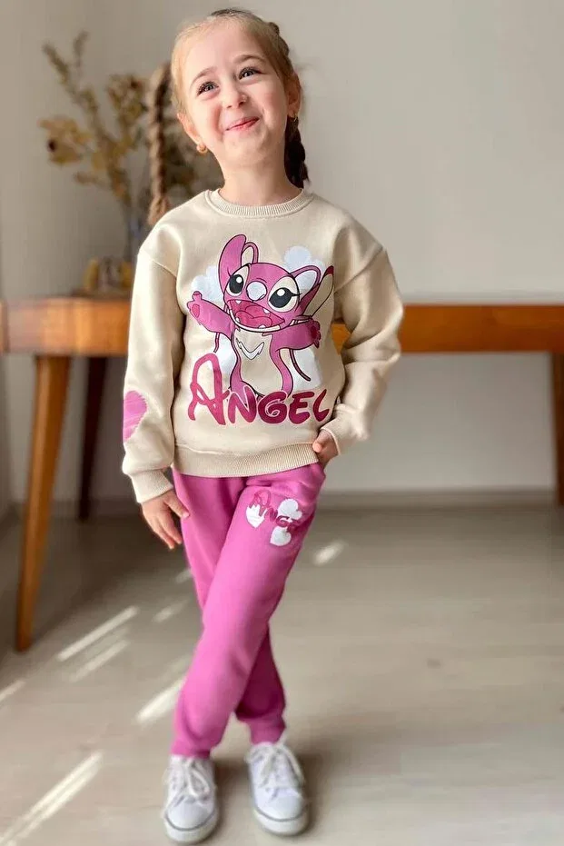 Детский для девочек комплект спортивного костюма с принтом Stitch Character Angel Text Riccotarz, Pink