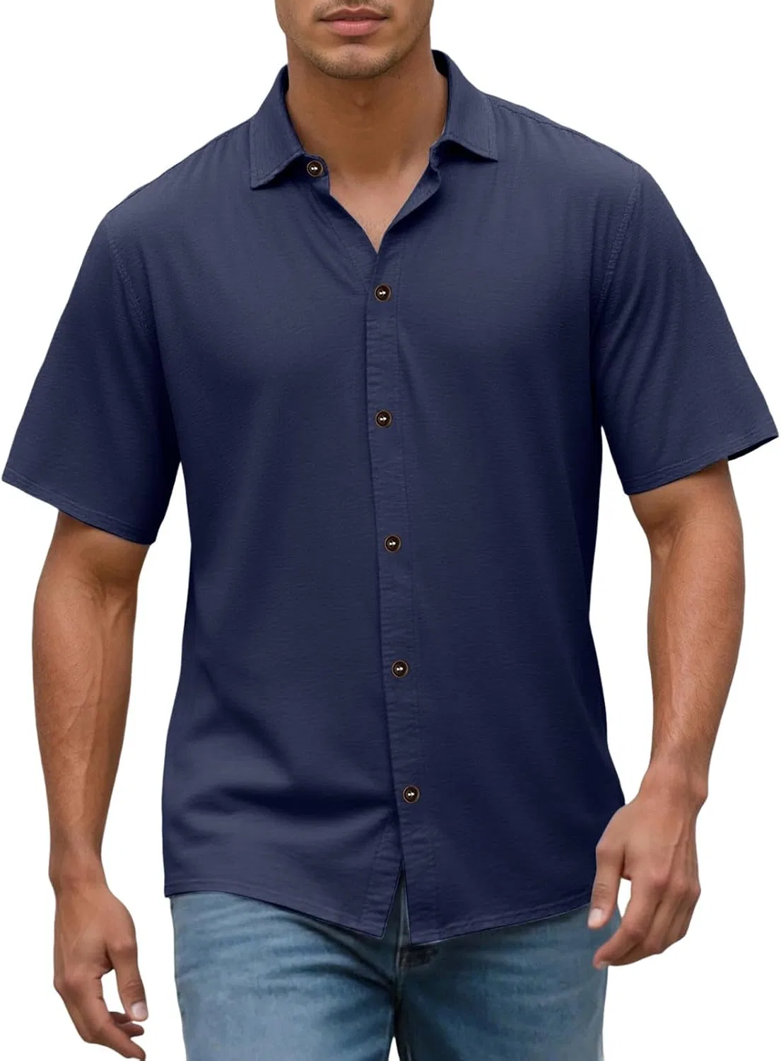 Мужская рубашка с коротким рукавом, slim fit, тёмно-синий