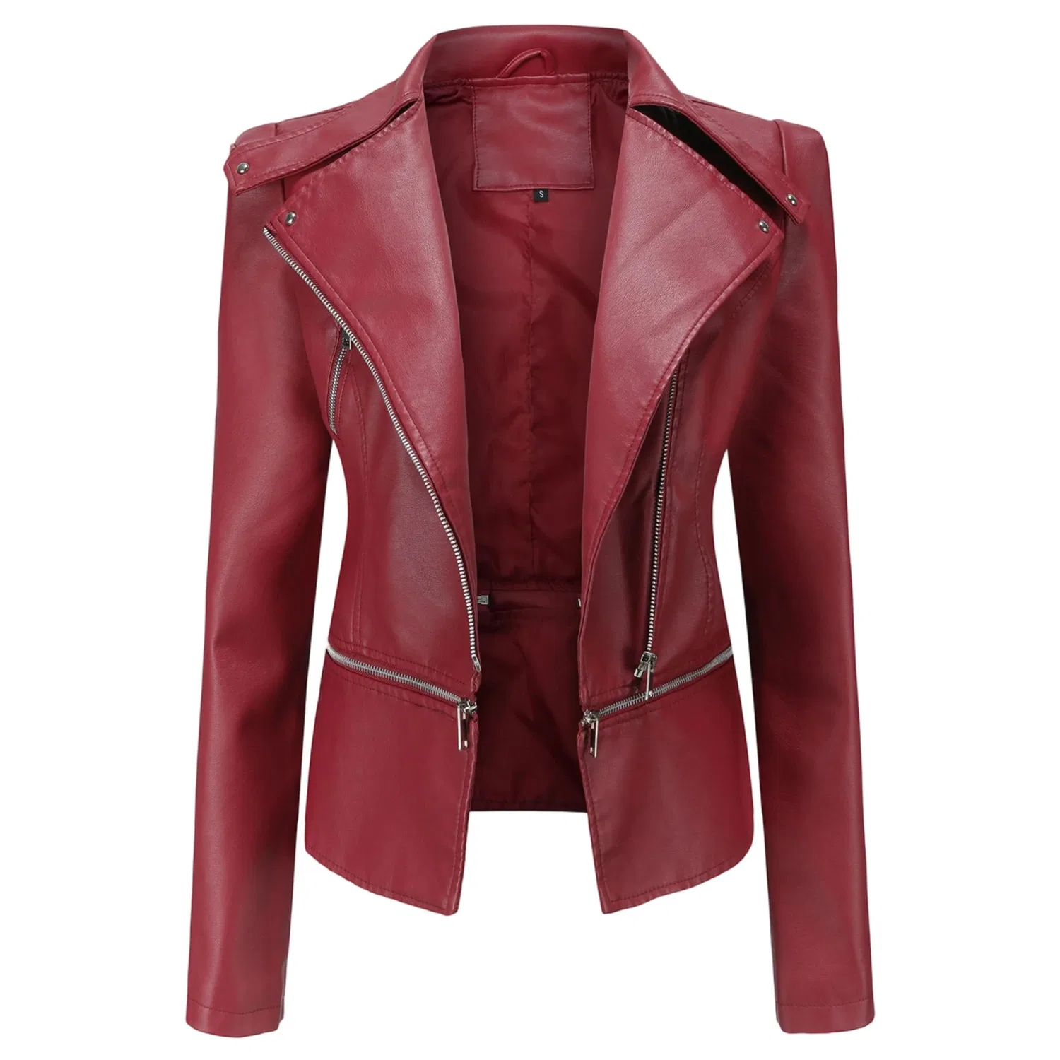 Женская куртка из кожзаменителя с длинным рукавом, с молнией, slim, Vino rosso