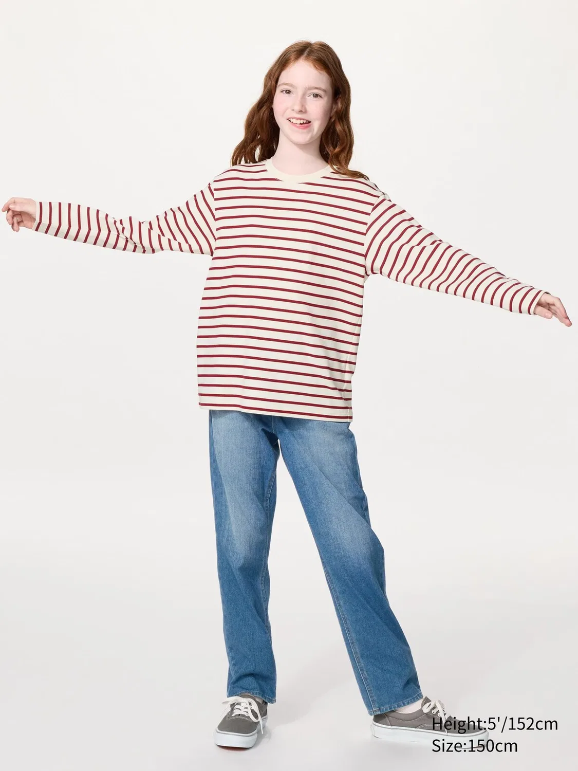 Футболка Uniqlo Airism, детская, с длинным рукавом в полоску, красный — фото 2