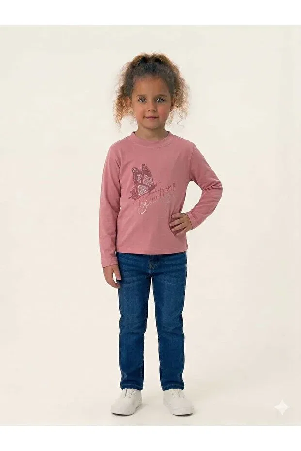 Детские свитшот для девочек с принтом Girl's pink butterfly printed sweatshirt - silver glittery detailed fine combed cotton sweatshirt Incili, Pink