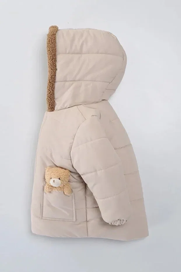 Детское зимнее пальто для девочек с капюшоном Teddy bear plush fur inside zippered pocket hooded soft snow winter girl boy baby coat children's coat Mdm, Beige — фото 2