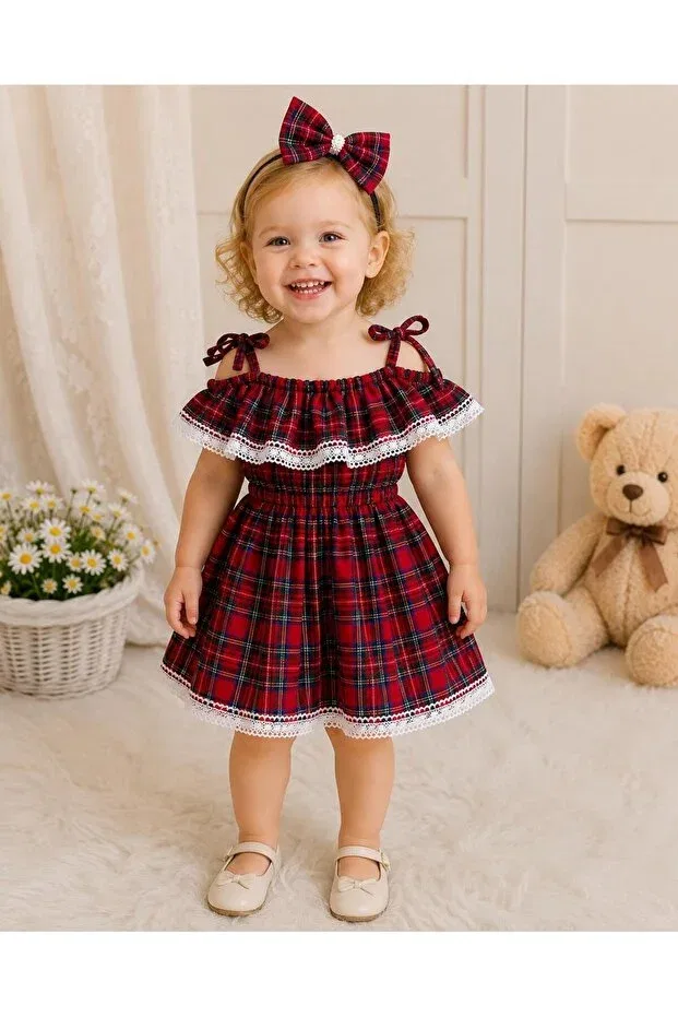 Детский комплект платья и банданы с кружевом в клетку Moda Lina Baby, Red