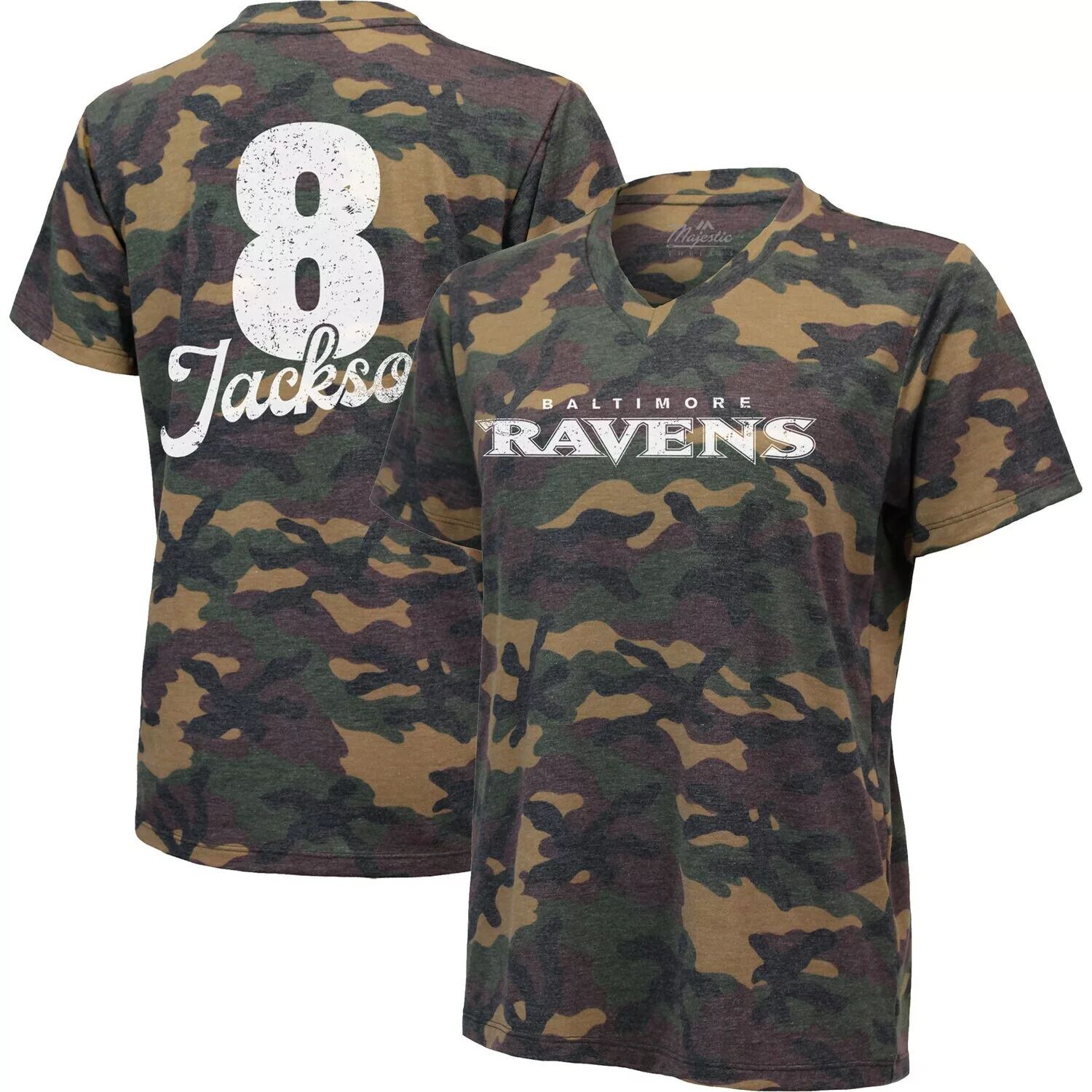 

Женская футболка Majestic Threads Lamar Jackson Camo Baltimore Ravens с именем и номером, футболка с v-образным вырезом из трех смесей Majestic