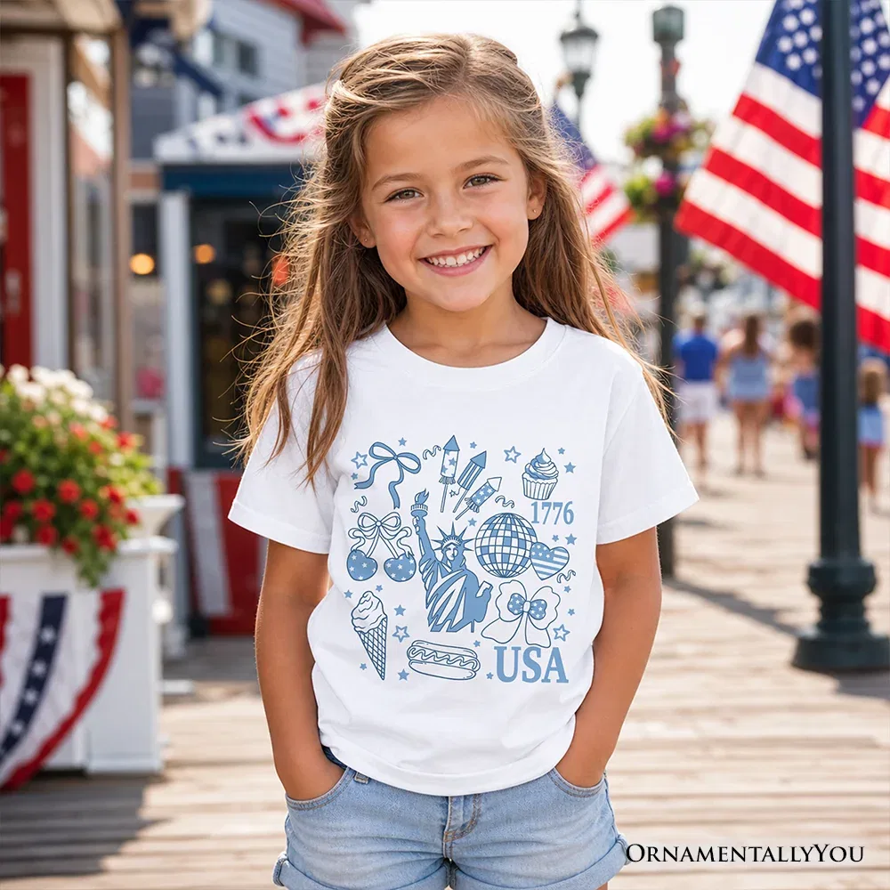 Детская футболка для девочек с принтом USA Liberty Retro Coquette 1776 OrnamentallyYou, White — фото 2