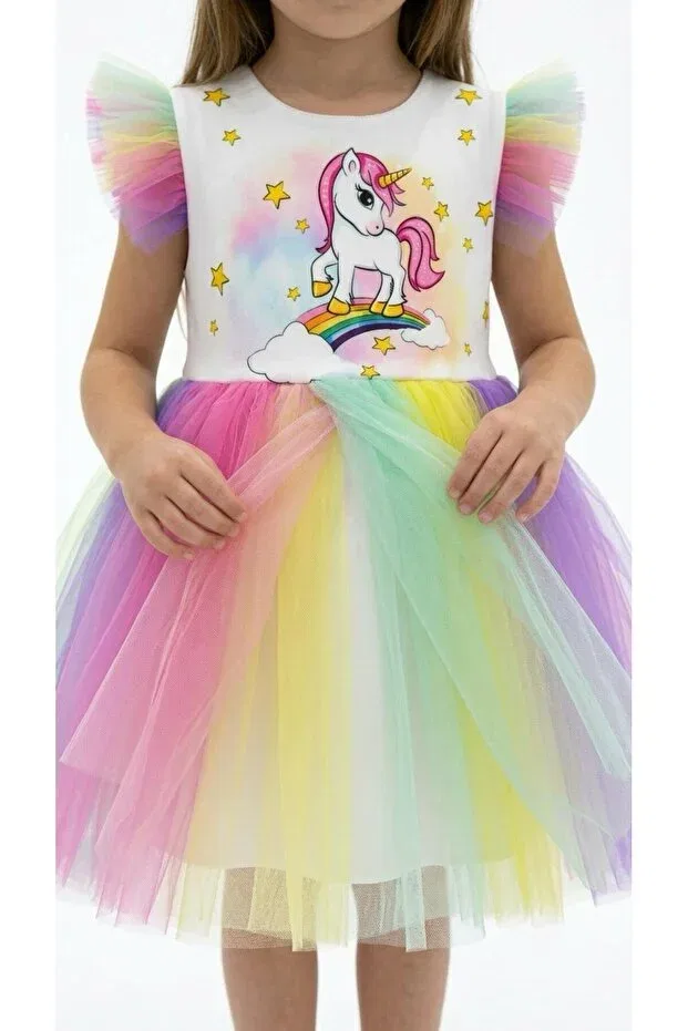 Детское платье для девочек с принтом Unicorn Tulle Party Esterella, Multicolor — фото 2