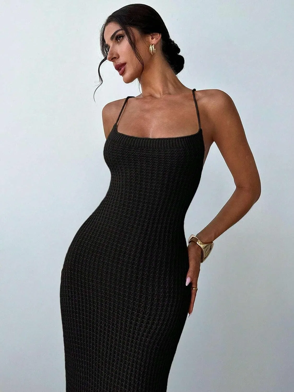 Женское сексуальное платье с разрезом и шнуровкой Knit, Black — фото 3