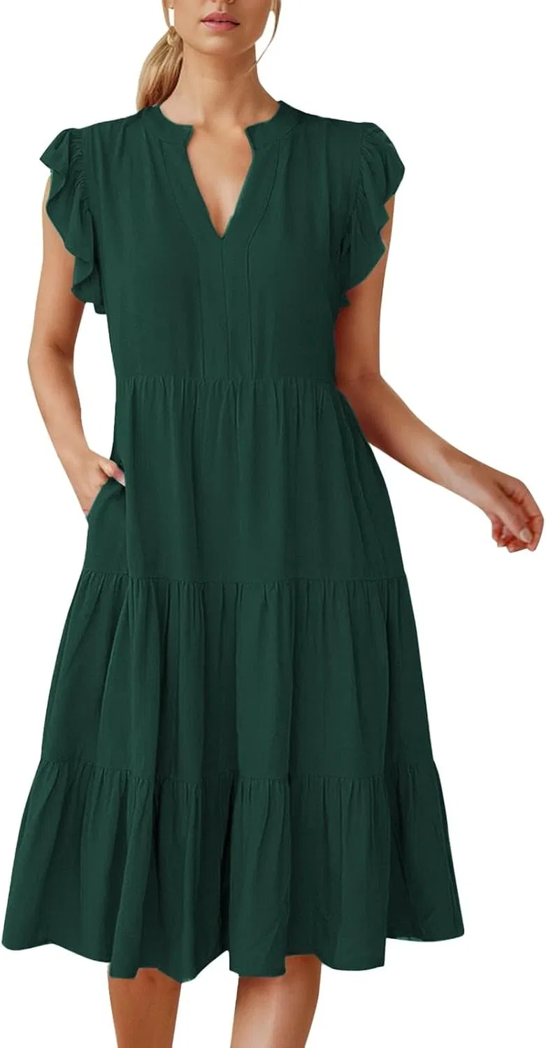 Женское летнее платье миди с воланами и V-образным вырезом, Dark Green