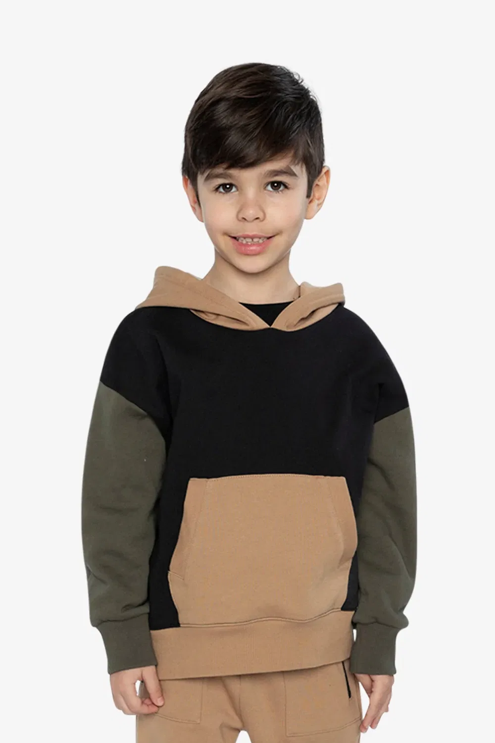 Детская кардиган-куртка на молнии с капюшоном и цветными блоками Deux par Deux, Black Green and Beige — фото 2