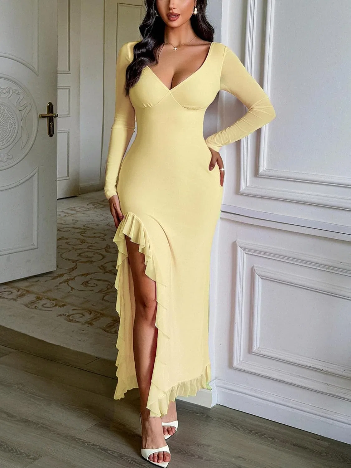 Женское платье с V-образным вырезом и длинным рукавом, Solid, Yellow — фото 2