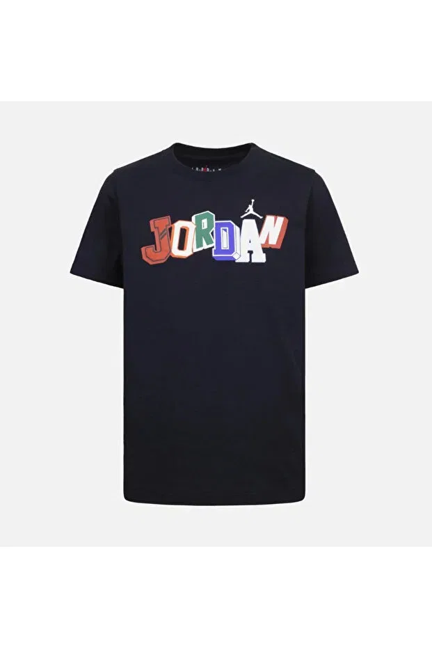 Детская футболка для девочек с принтом Jordan Signature Children's Black Color Letter T-Shirt 95D728 Nike, Black-Multicolor